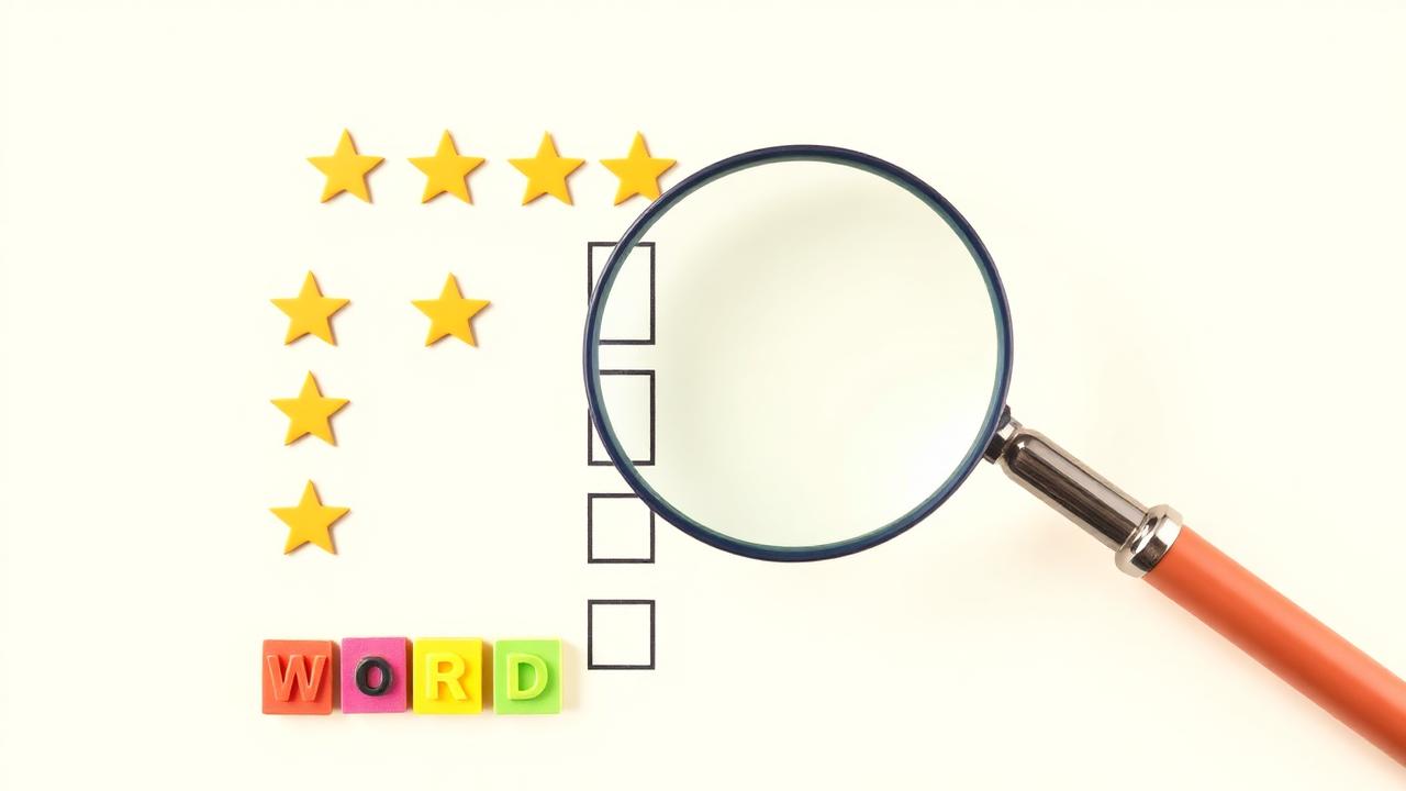 A comparison checklist with star ratings and a magnifying glass