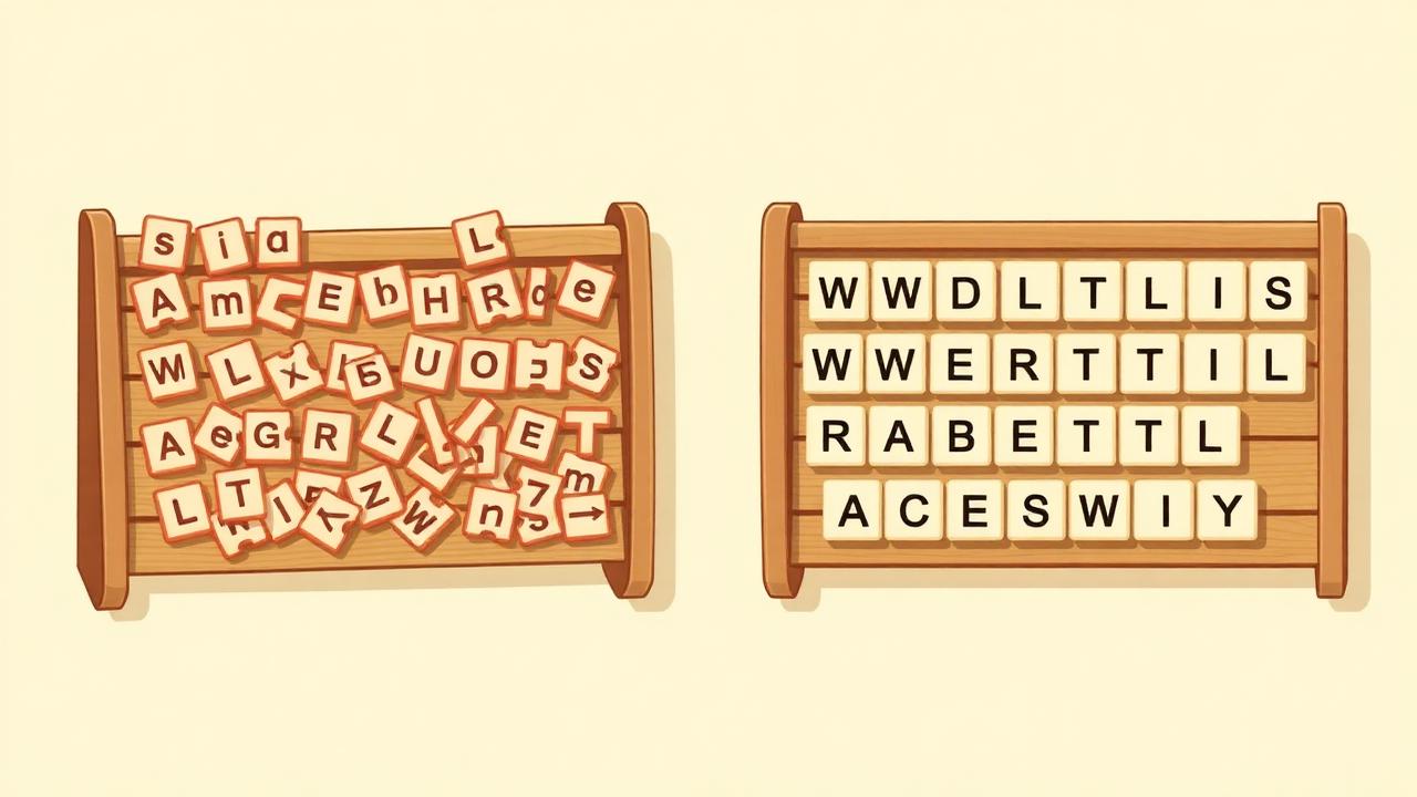 Two letter racks, one jumbled and one spelling a complete word
